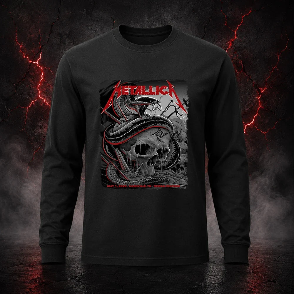 Metallica M72 World Tour May 1 2025 Nissan Stadium Nashville Tennessee United States T-shirt by Maxx242 featuring a coiled black serpent wrapped around a weathered skull with graveyard silhouettes and Nashville event text.